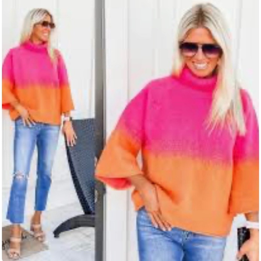 Fate Turtleneck Sweater Two Tone Ombre 3/4 Sleeves Colorful Medium Bright Cozy